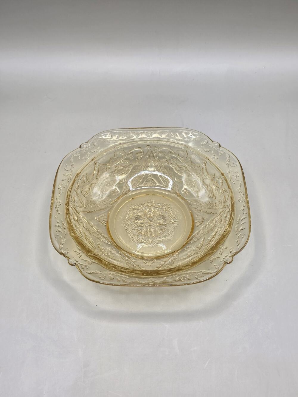 Federal Glass Yellow Amber Depression Glass Square Bowl Madrid Pattern 1930's
